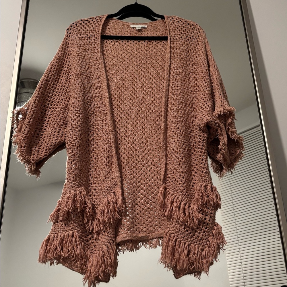 American Eagle Boho Fringe Open Knit Pink Cardigan XS